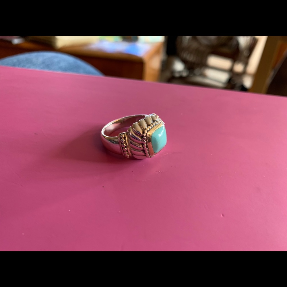 Turquoise scallop design sterling silver ring.